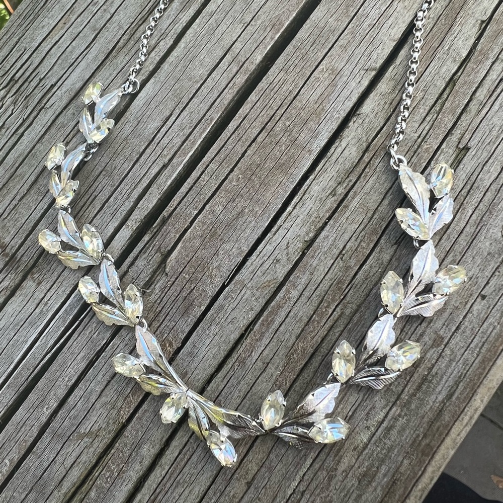 Sterling VD Rhinestone and Silver Leaves 16” Necklace Preowned